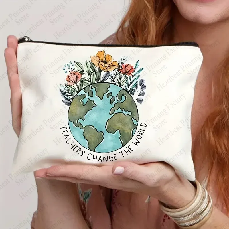 teacher change the world print sacs à cosmétiques trousse de toilette cadeau de remise des diplômes pour les enseignants trousse à crayons de retour à l'école pour enseignant
