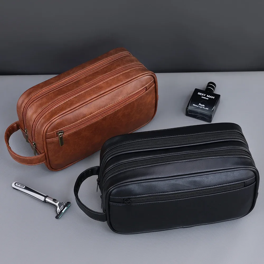 trousse de toilette double couche pour hommes, en cuir pu, organisateur de lavage de voyage, kit dopp, sac à cosmétiques de rasage résistant à l'eau, strorage