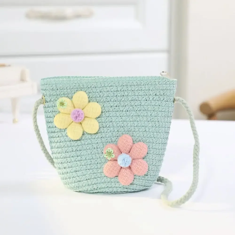 sac à main en paille tissé à la main pour fille, porte-monnaie à fleurs, sacoches à fermeture éclair pour enfant, accessoires photo, panier de rangement, sac à main à bandoulière