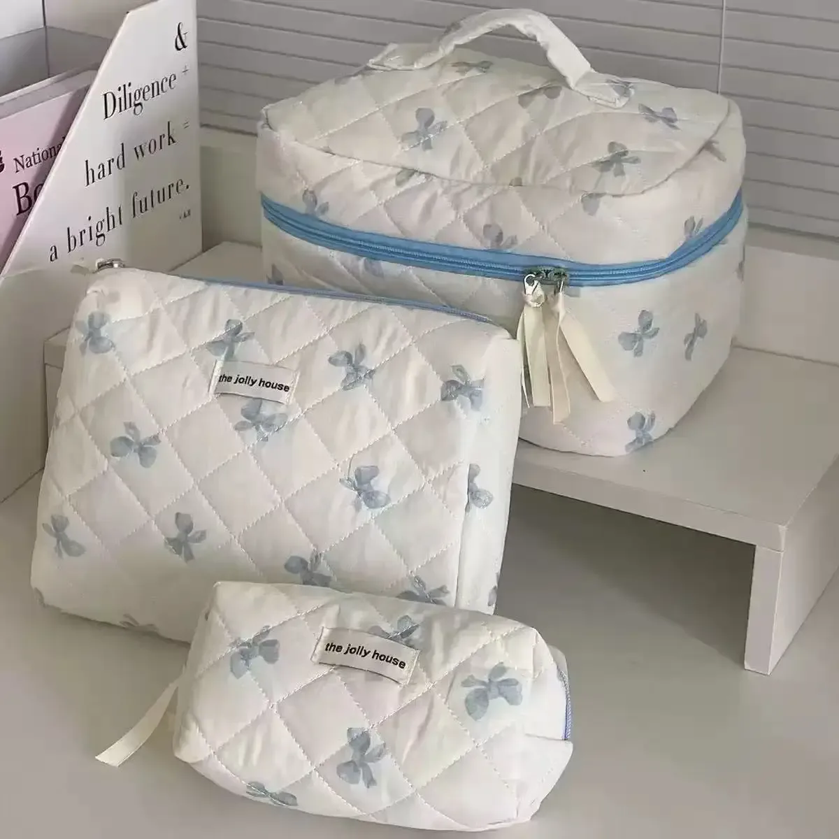 trousse de maquillage grande capacité avec imprimé nœud, sac de rangement pour cosmétiques et articles divers, organiseur de voyage pour articles de toilette, pochette neceser, trousse à maquillage
