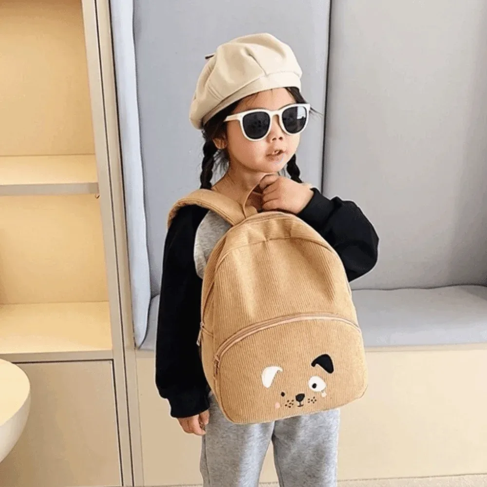 sac à dos simple en velours côtelé pour enfants, motif ours de dessin animé, couleur unie, grande capacité, pour étudiants et femmes