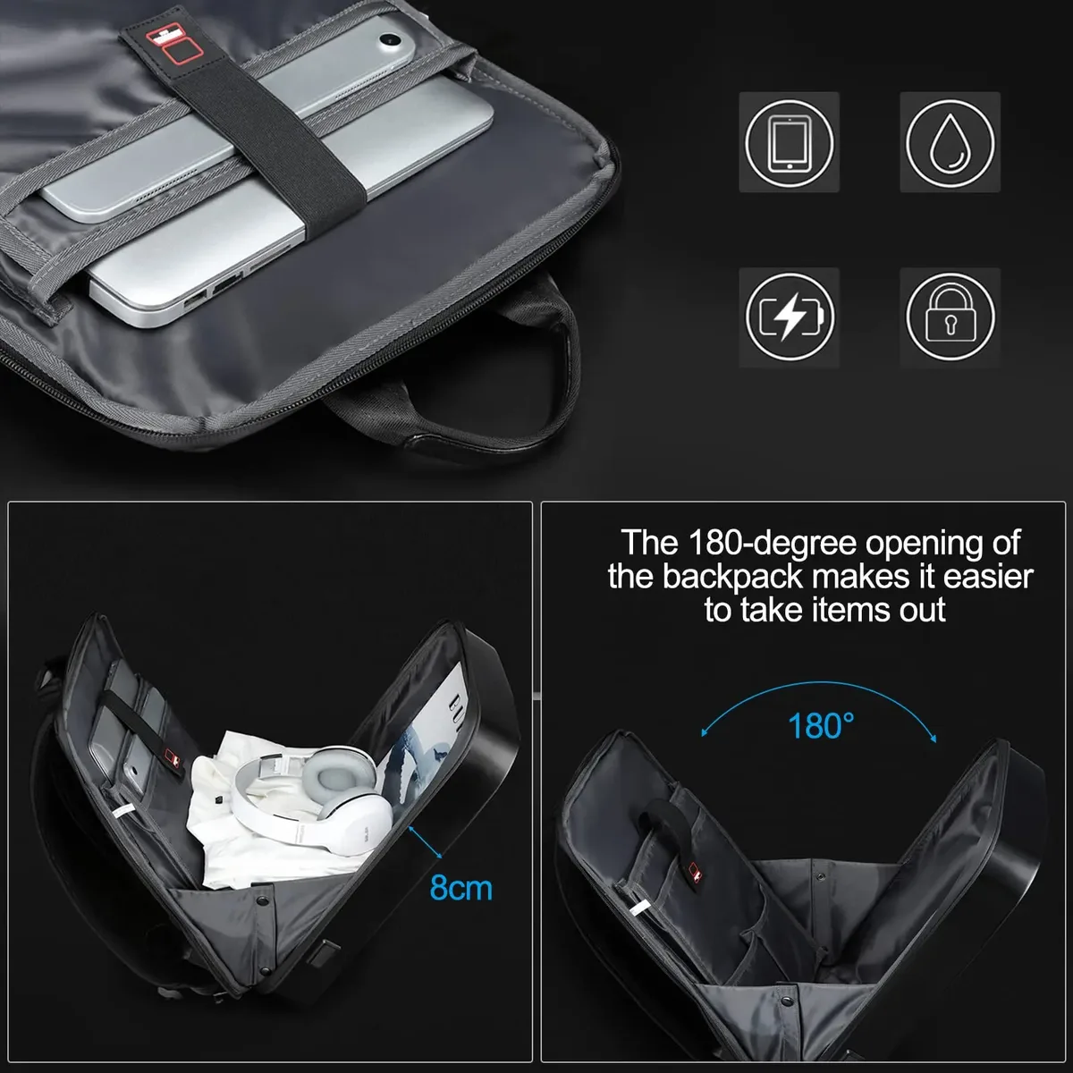sac à dos rigide pour ordinateur portable 15.6 pouces pour hommes, étanche, antivol, extensible, verrouillage tsa, sac de jeu, sac à dos d'affaires de luxe, charge usb