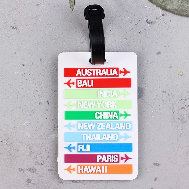 étiquette bagage caoutchouc motif pays lignes colorées lettres blanches fond couleur voyage identité valise nom adresse