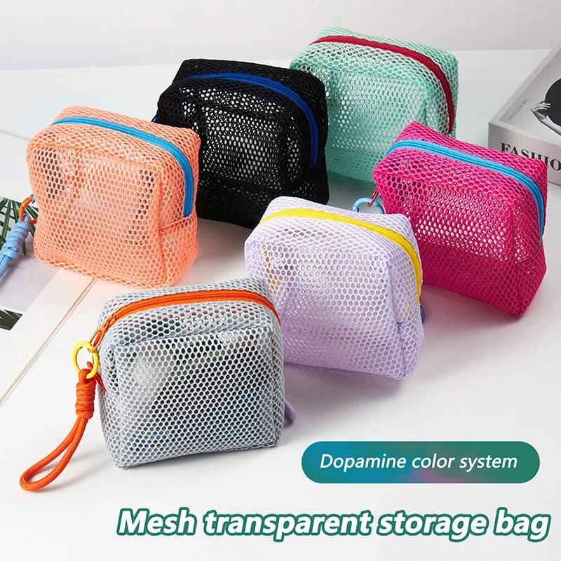 sac à cosmétiques en maille portable, trousse de maquillage de rangement de couleur dopamine, pochette de rangement de toilette en maille pour femmes, sac de rangement d'articles divers