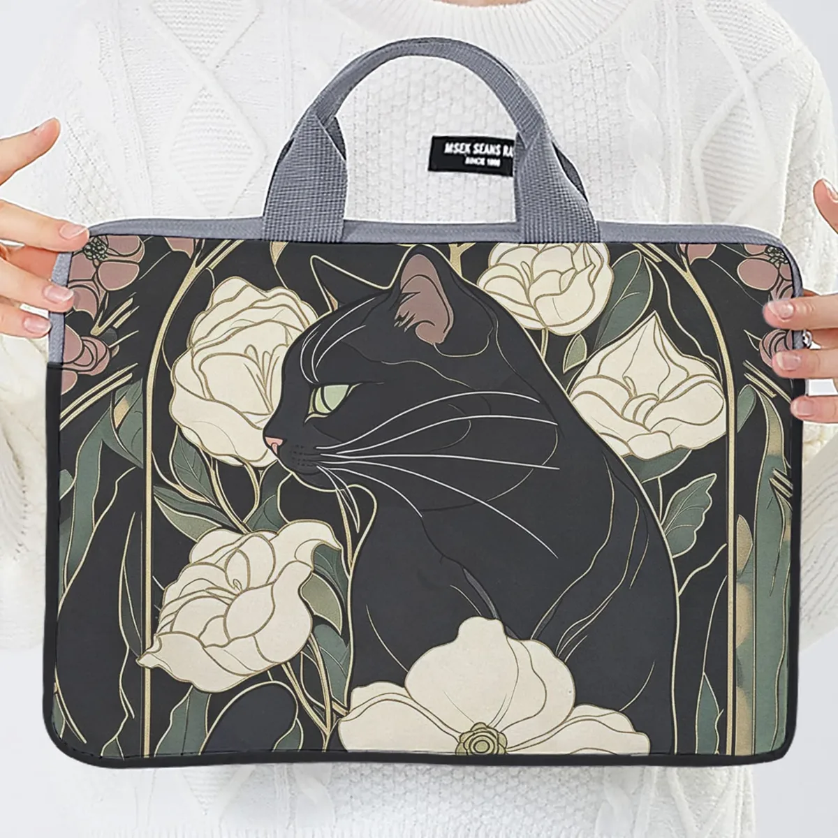 housse ordinateur portable impression chat noir fleurs polyester protection voyage travailler transport document travail