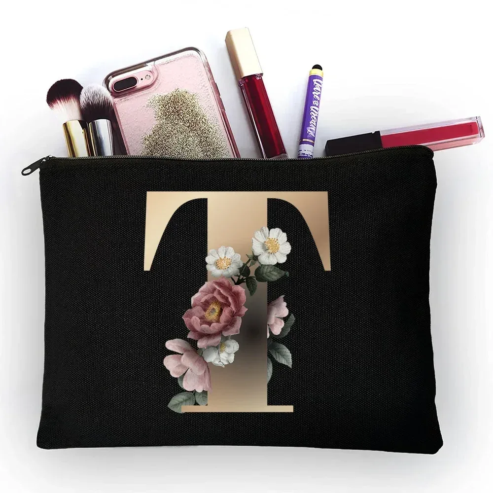 trousse de maquillage pour filles, sac de rangement classique à motif de lettres dorées, pochettes pour sacs de voyage, pochette à cosmétiques pour femmes