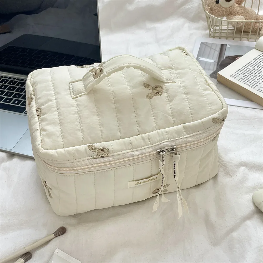sac à cosmétiques matelassé brodé pour femmes, tissu en coton doux, trousse de maquillage pour dames, sacs à main de rangement, trousse à crayons pour filles d'université