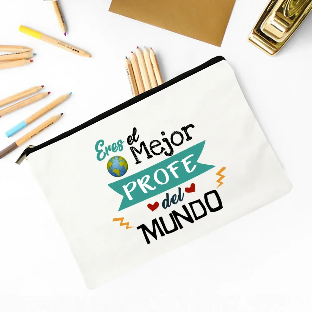 meilleur professeur du monde sac de maquillage imprimé espagnol nécessaire de voyage pochette de rangement d'articles de toilette sacs à crayons cadeau de diplômé pour enseignant