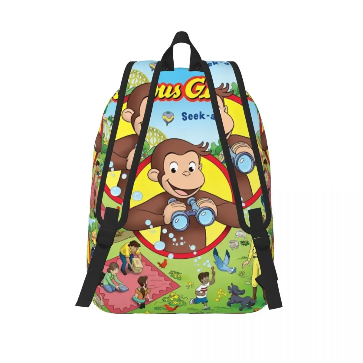sac dos toile polyester noir motif curious george poche zip latérale compartiment intérieur usage voyage étudiant