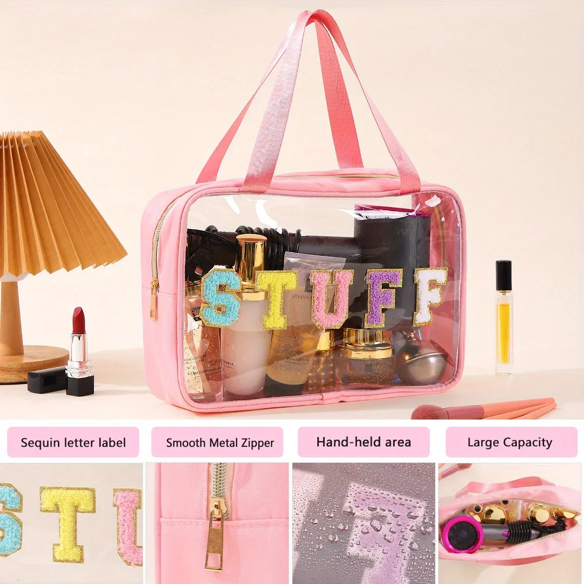 boîte de maquillage transparente givrée en pu, trousse de toilette de voyage étanche, sac de rangement de bain portable de grande capacité, sac à déjeuner pour enfants