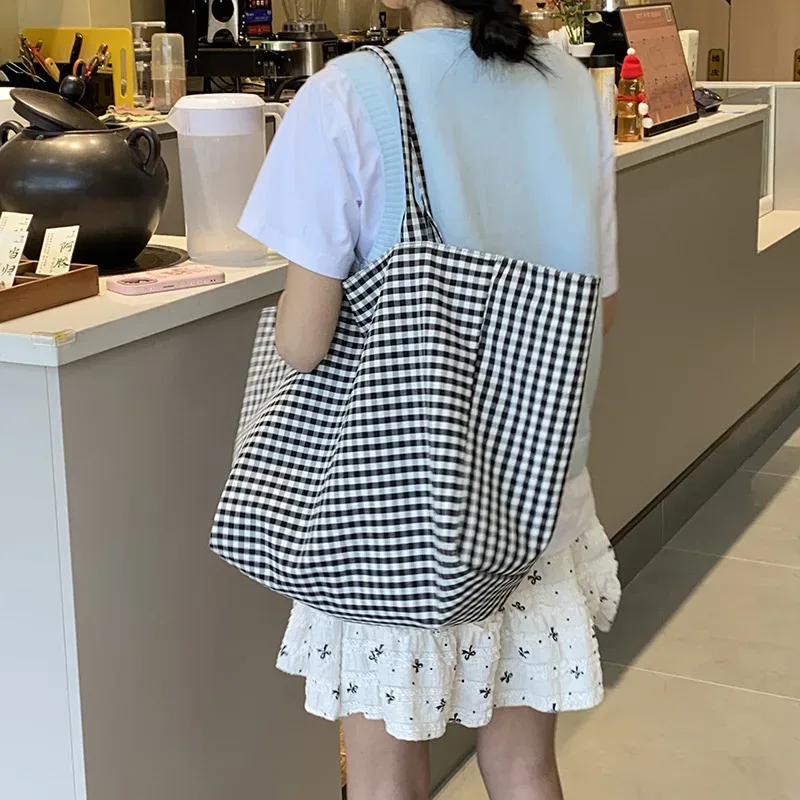 sacs fourre-tout coréens à carreaux harajuku pour femmes, sacs à bandoulière simples et polyvalents à la mode, sacs à main portables de grande capacité pour filles