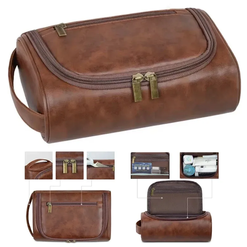 trousse de toilette de voyage de haute qualité pour femmes et hommes, sacs à cosmétiques rétro en cuir pu, trousse de maquillage de voyage étanche