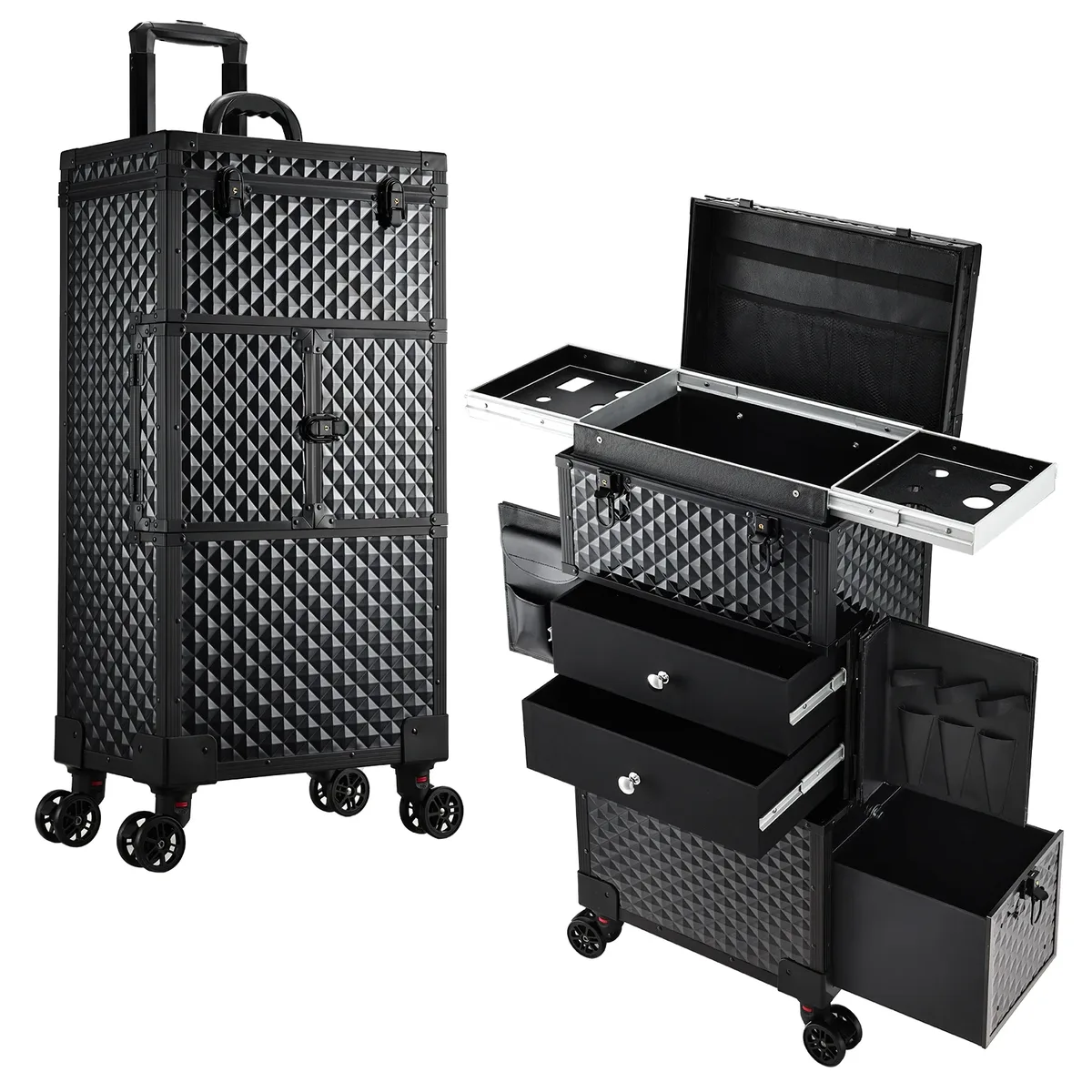 mallette de maquillage roulante, chariot de cosmétologie professionnel, verrouillage sur roulettes pour barbier et artistes de maquillage avec support pour sèche-cheveux