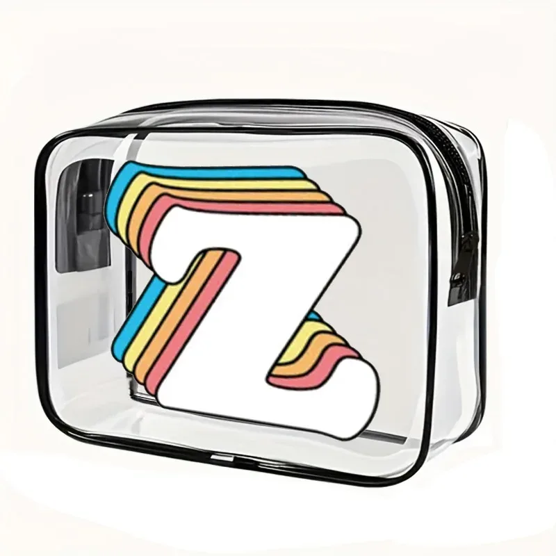 organisateur voyage cosmétiques pvc translucide poignée noire motif arcs-en-ciel lettre grande capacité format tonneau sac compression