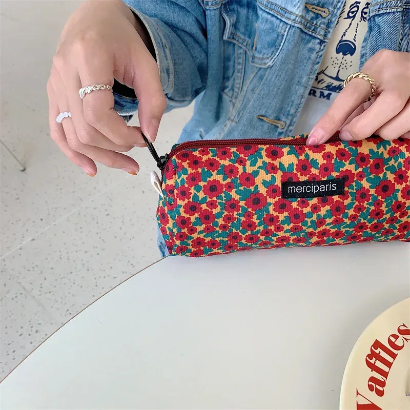 sac à main floral en velours côtelé pour femme, sac de rangement pour rouge à lèvres, sac à main kawaii, portefeuille de maquillage, trousse à crayons en poudre, sacs de voyage