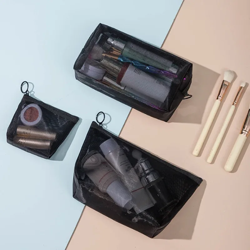 sacs de maquillage en maille noire pour femmes et filles, sac à cosmétiques, sacs de rangement portables, lavage, rouge à lèvres, toilette, serviette hygiénique, évaluation, voyage