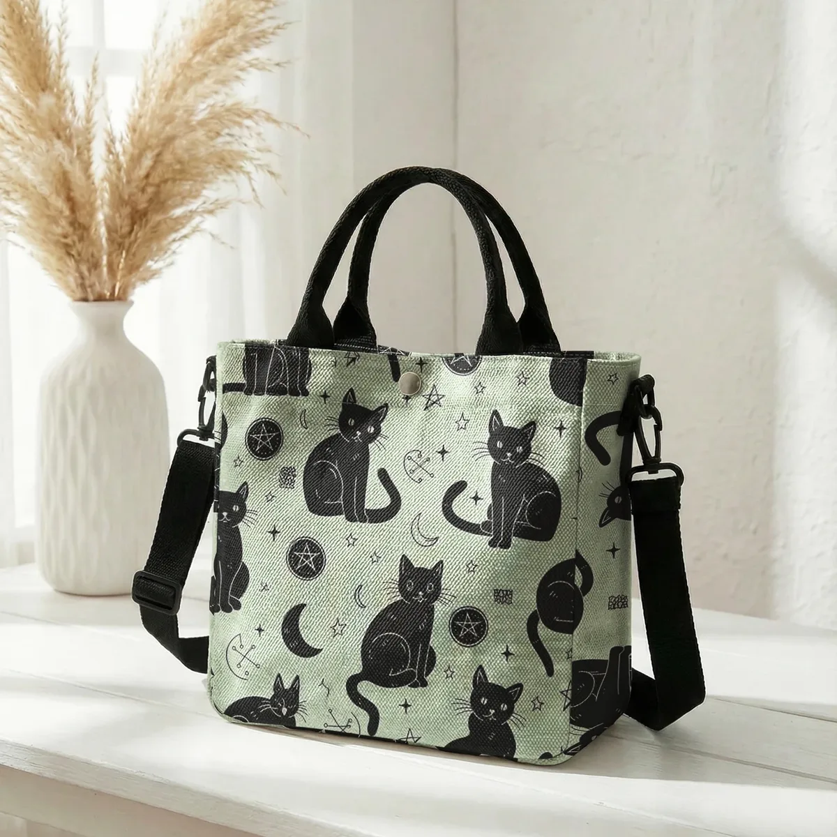 sac fourre-tout en toile rose imprimé lune et étoiles avec chat noir sorcière, bandoulière détachable, sac à main bandoulière pour femme, idéal pour le shopping quotidien