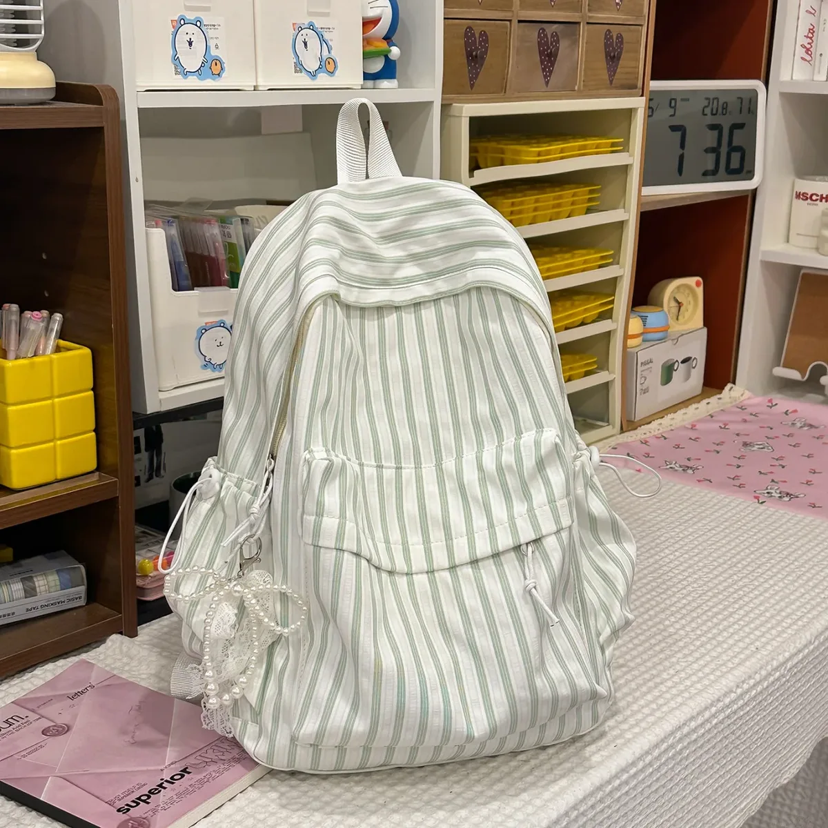 nouveau style japonais, sac à dos décontracté à rayures, grande capacité, pour collégiennes, idéal pour les voyages, sac à dos à double bandoulière pour filles 2026
