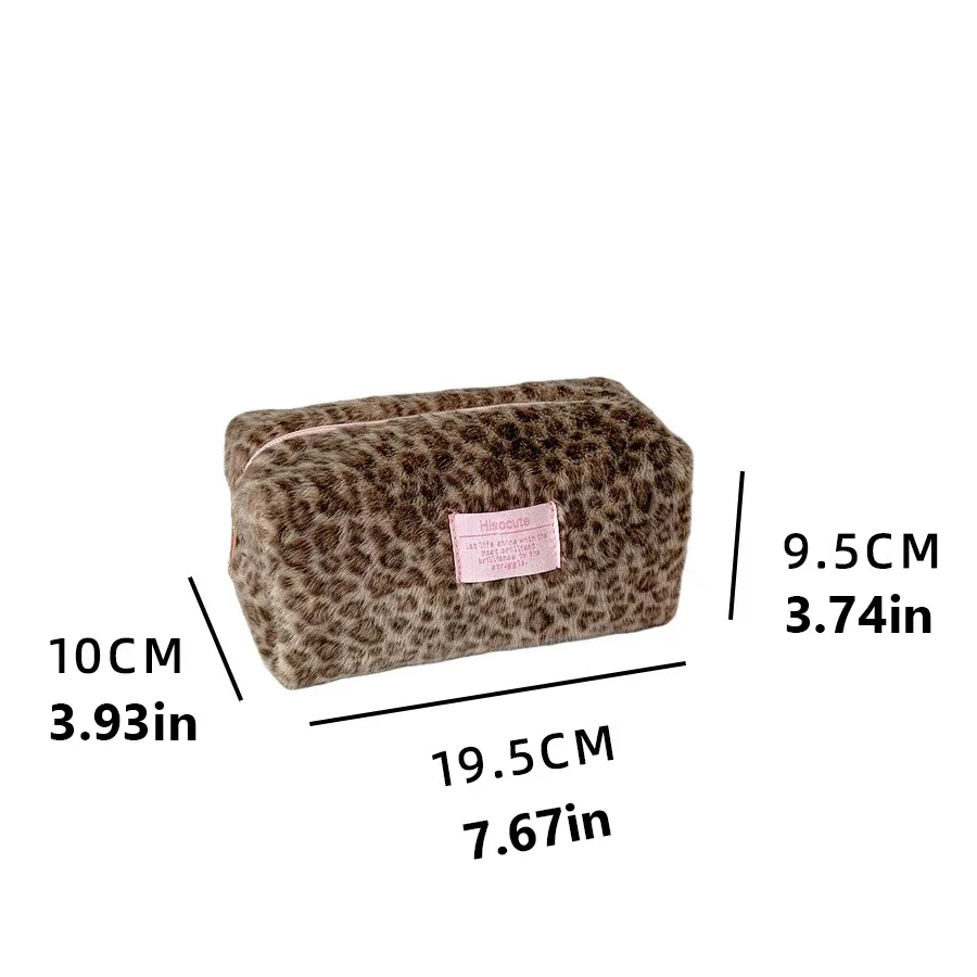 sac de maquillage portable en peluche à imprimé léopard pour filles, pochette pour étudiantes, sac de rangement portable pour produits de soin de la peau et articles de toilette