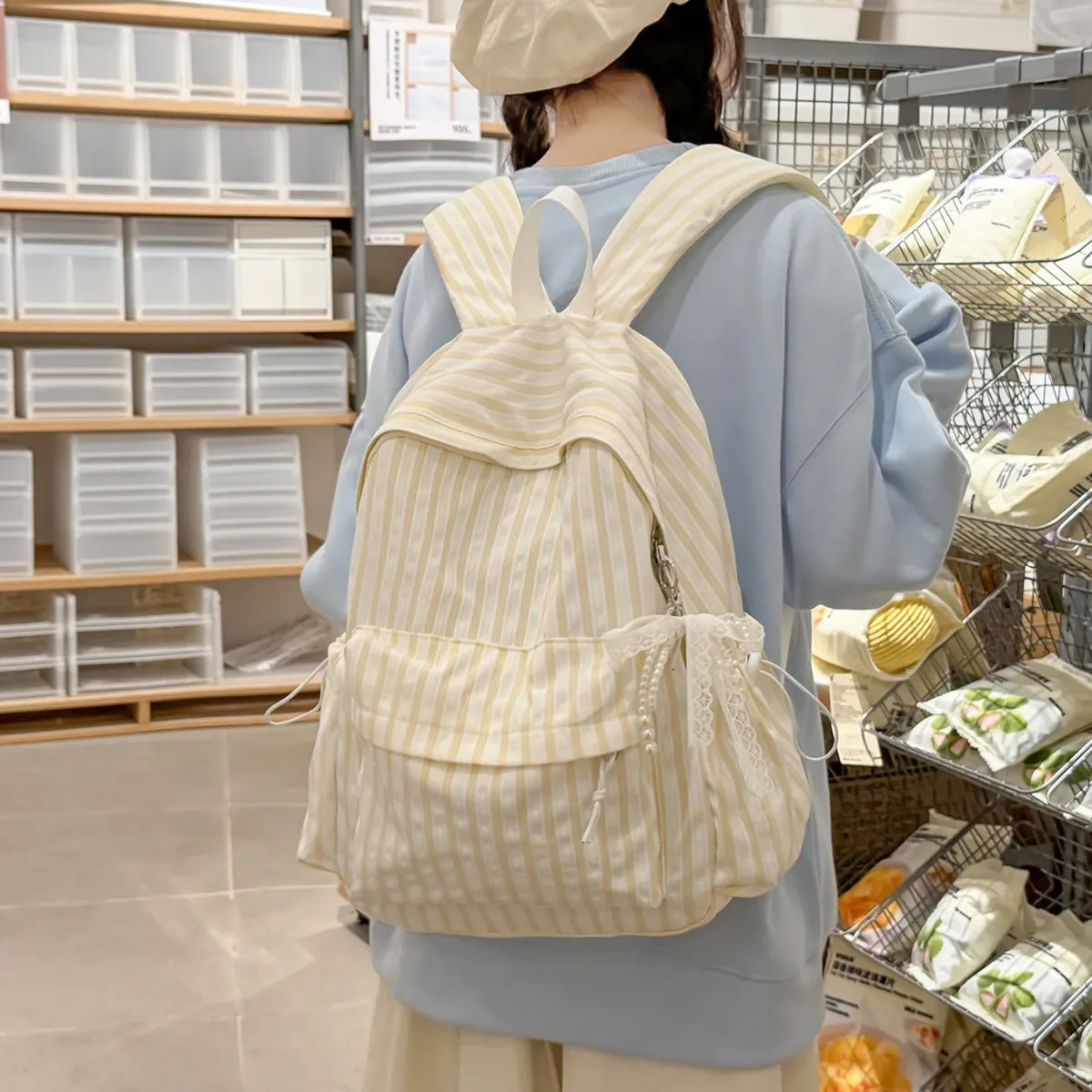 nouveau style japonais, sac à dos décontracté à rayures, grande capacité, pour collégiennes, idéal pour les voyages, sac à dos à double bandoulière pour filles 2026
