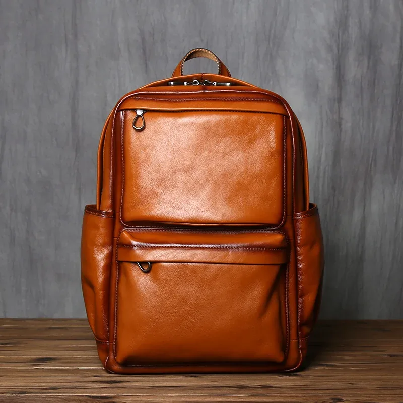 nzpj – sac à dos rétro en cuir véritable pour hommes, sacoche décontractée pour ordinateur avec couche supérieure en peau de vache, sac de voyage à la mode européenne et américaine