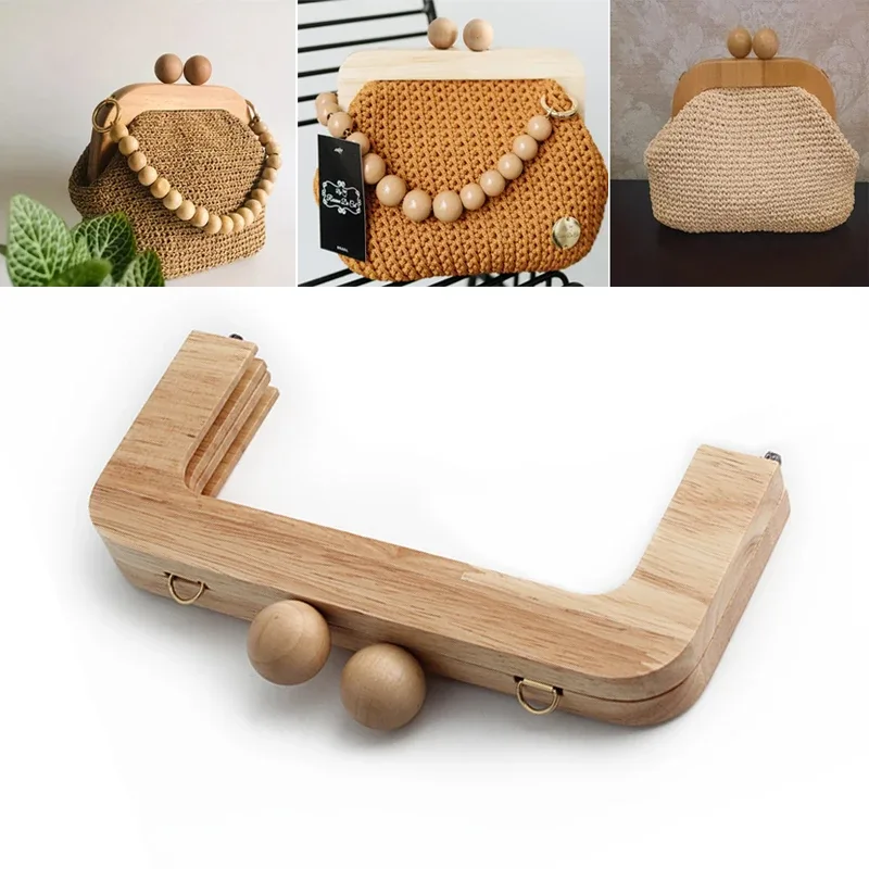 cadre de portefeuille d'embrayage en bois 20x8cm, 1 pièce/2 pièces, cadre en bois massif avec fermeture à vis, boucle baiser, poignée de sac à bandoulière