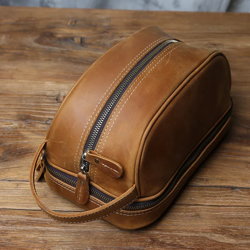 nzpj vintage en cuir véritable trousse de toilette couche supérieure en peau de vache trousse de maquillage peau de cheval fou sac à main pour hommes tablette sac d'ordinateur