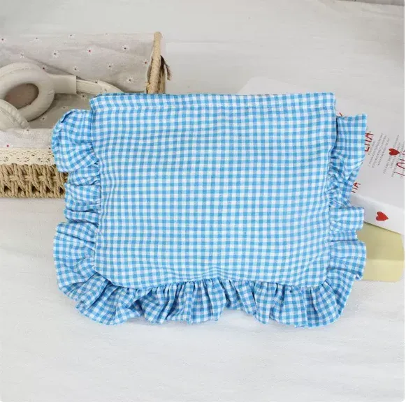 pochette à maquillage personnalisée en seersucker à volants, trousse de toilette en chenille avec nom, sac de voyage pour cosmétiques, cadeau pour elle, trousse de maquillage du matin pour la mariée
