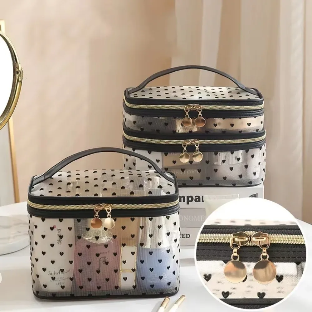sac à cosmétiques en maille noire, double couche, grande capacité, pochette de rangement, fermeture éclair, sacs de toilette portables