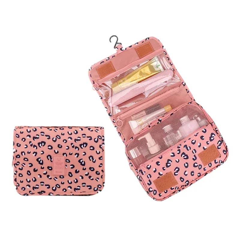 trousse toilette cosmétique rose léopard compartiments imperméable transparent grille velcro voyage maquillage organisateur rangement