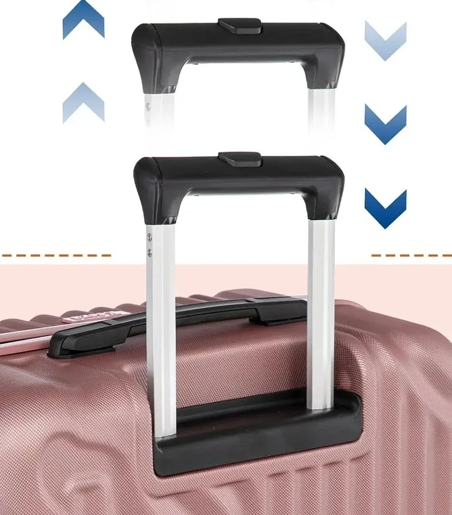valise plastique dur rose pâle lignes verticales relief poignée bouton fermeture petite pochette transport bagage voyage