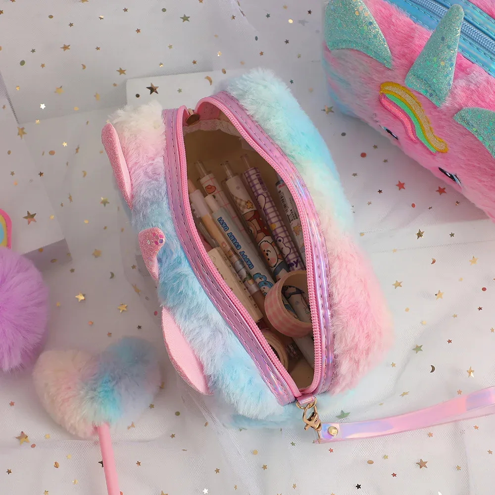 trousse toilette velours licorne rose bleu blanc design mignon ovale transport fille étudiante cosmétique maquillage