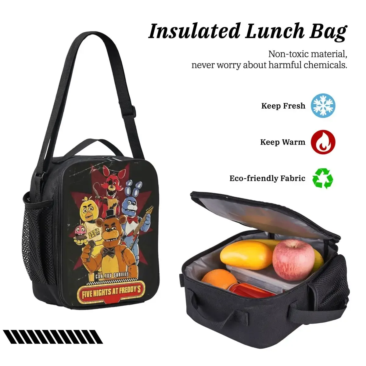 sac dos polyester five nights at freddy's personnages motif noir format rectangulaire bandes latérales pique-nique poignée fermeture glissière transport idéal usage quotidien voyage