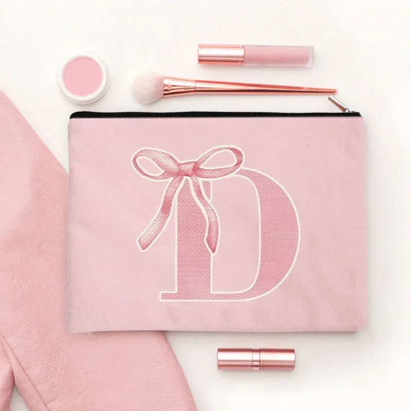 trousse de maquillage rose avec lettre initiale pour filles, poudres cosmétiques à fermeture éclair pour gorl'école de beauté, la remise des diplômes, le voyage, l'évaluation, la trousse de toilette
