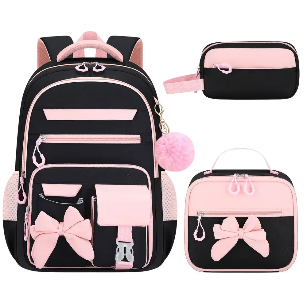 sac dos oxford cloth noir rubans pompons sac lunch boîte crayons palette rose gris imperméable usage ecole adolescente