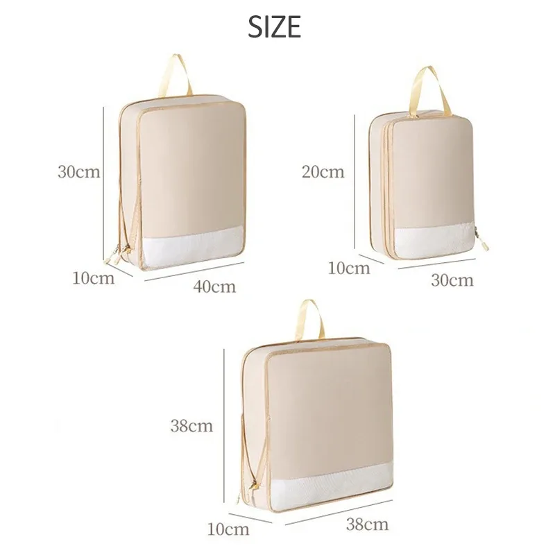 organisateur voyage polyester beige compression cube sac rangement vêtements transport simple élégant imperméable antipli