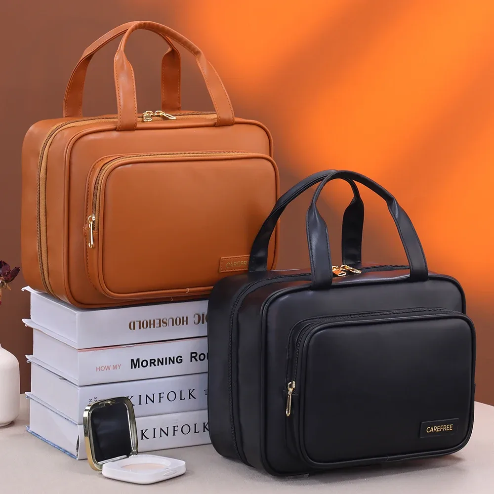 sac à cosmétiques de grande capacité, organisateur de produits de toilette de maquillage, pochette de toilette de voyage portable en cuir pu, sac de rangement de cosmétiques pour femmes