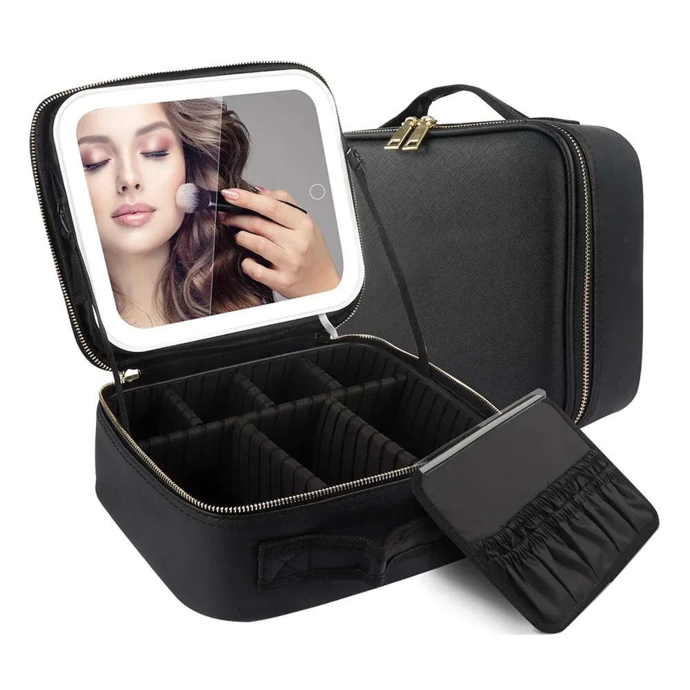 trousse de maquillage avec miroir led, grande mallette de voyage, organisateur de cosmétiques, sacs de maquillage avec 3 lumières colorées et séparateurs réglables