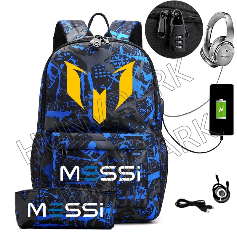 messi-sac à dos étanche avec chargeur usb, sac à dos de voyage décontracté, grande capacité, sacs d'école pour ordinateur portable, hommes et femmes