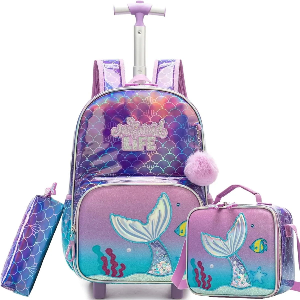 sac dos polyester dessin animé rose bleu queue sirène poissons ordinateur compartiments roues silencieuses école enfants