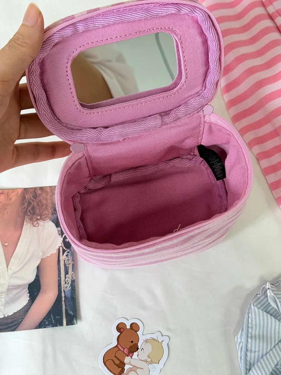 trousse de maquillage rose rayée pour femme, sac de voyage cosmétique portable vintage avec miroir et fermeture éclair, pochette de toilette mignonne et douce pour filles