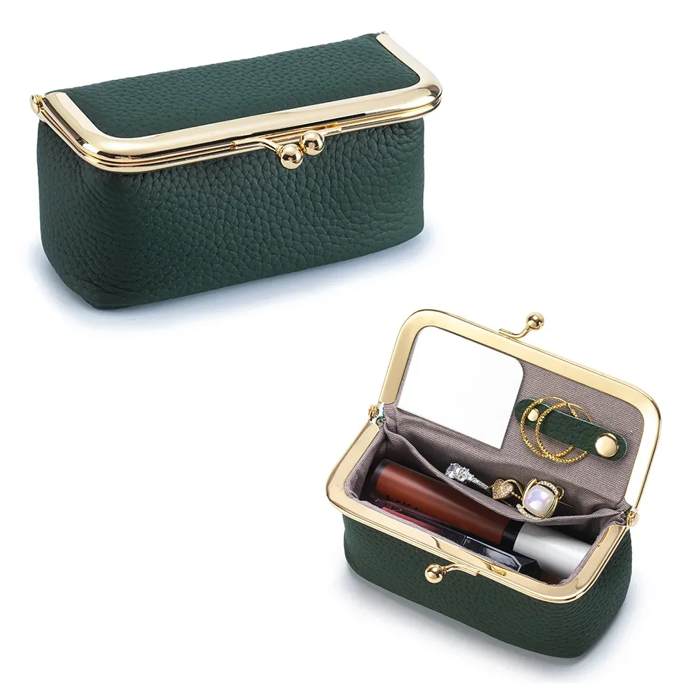 trousse de rangement portable en cuir pour femmes avec fermeture kiss-lock, miroir intégré, organiseur pour rouge à lèvres, bijoux, écouteurs, idéale pour les voyages