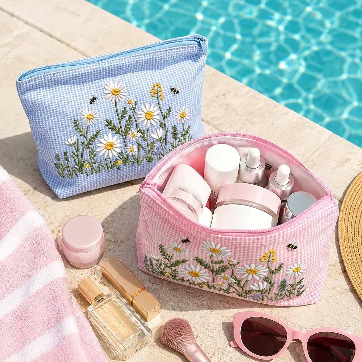 pochette cosmétique en gingham brodée daisy, grande trousse de toilette à fermeture éclair pour femmes, organiseur de voyage pour les vacances à la plage