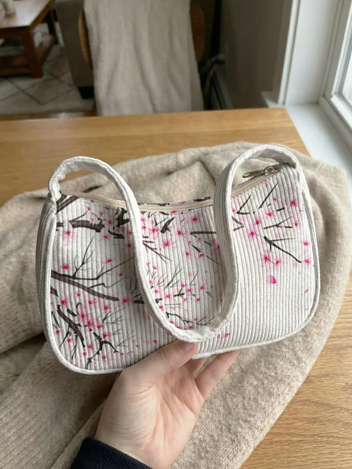 sac à bandoulière tendance à imprimé fleurs de cerisier, sac sous le bras en velours côtelé beige pour un usage quotidien décontracté