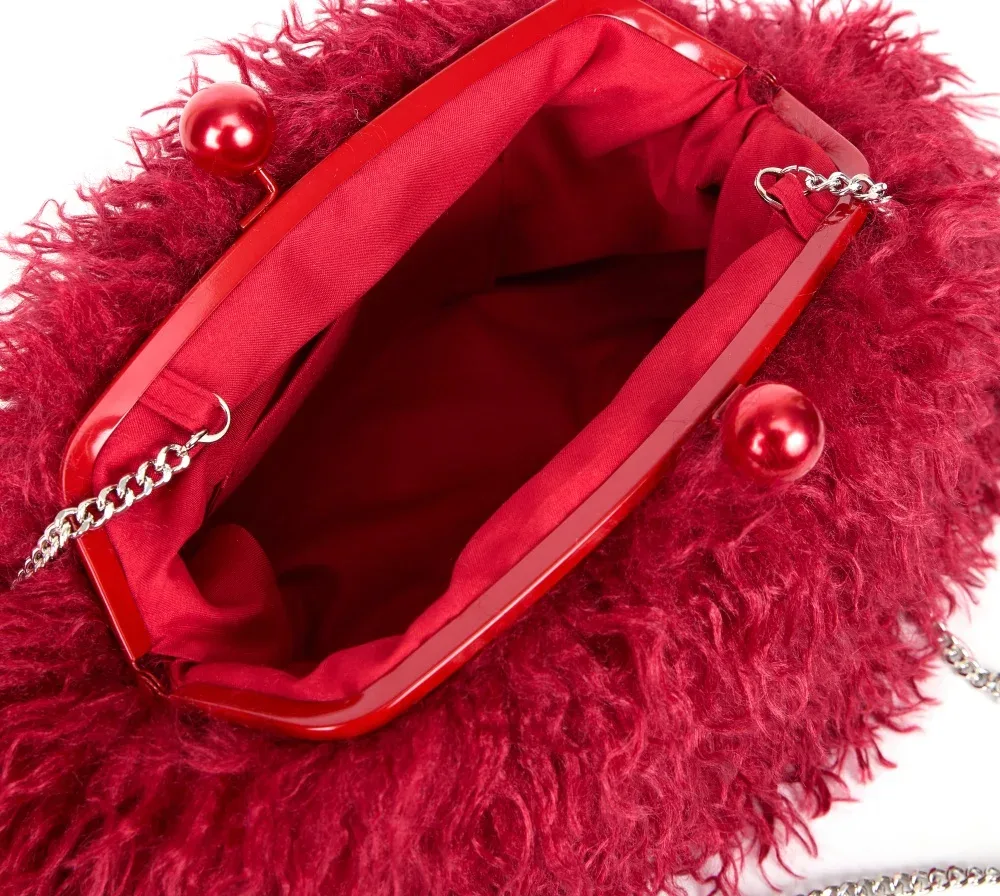 sac à main en fausse fourrure kisslock pour femme, pochette chaude et moelleuse pour l'hiver, sac à fermoir à cadre, rouge, jaune, orange, rose, beige
