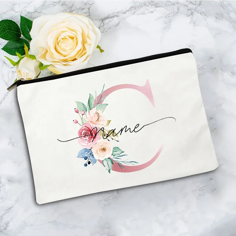 trousse de maquillage personnalisée rose à motifs floraux avec initiale, pochette cosmétique en toile personnalisée, organisateur de voyage pour articles de toilette pour femmes