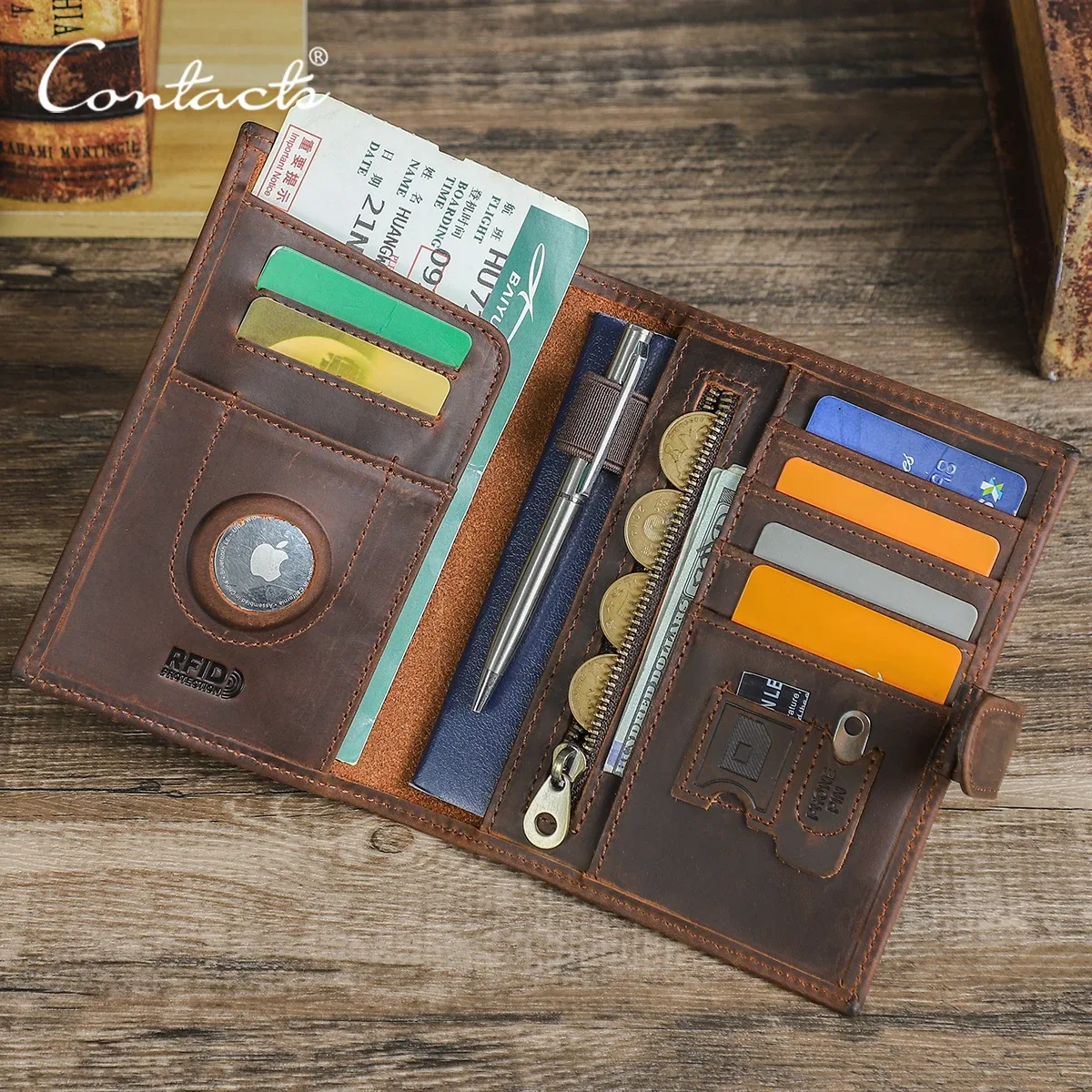 portefeuilles de passeport en cuir véritable contact's, porte-cartes de voyage vintage, étui de passeport, porte-monnaie avec emplacement pour airtag, éjecteur de carte sim gratuit