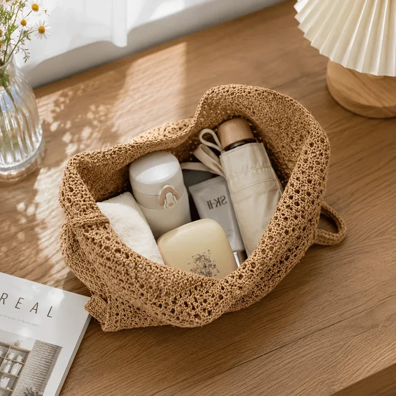 sac fourre-tout tissé de grande capacité pour femmes, sac à main léger et respirant à ouverture supérieure pour la plage, les voyages, le shopping, les trajets quotidiens.