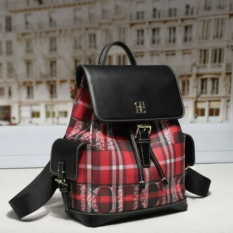 sac dos tissu résistant motif tartan noir rouge blanc bandoulière voyage femmes etudiant ecole
