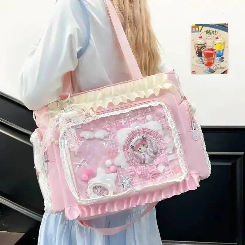 Y2k nouveau sac à bandoulière doux Ita Lolita fille sac à bandoulière Transparent femmes grande capacité sac fourre-tout en dentelle mignon bricolage affichage sac à main